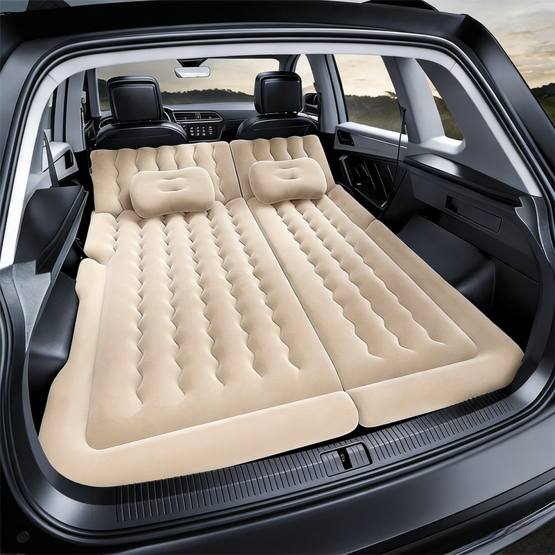 Beige Multi-Chamber Car Inflatable Air Mattress with Electric Pump, Storage Bag & Pillows for Universal Trunk Sleeping and Camping (174 x 126 CM)