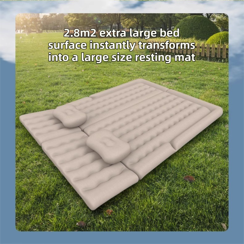 Beige Multi-Chamber Car Inflatable Air Mattress with Electric Pump, Storage Bag & Pillows for Universal Trunk Sleeping and Camping (174 x 126 CM)