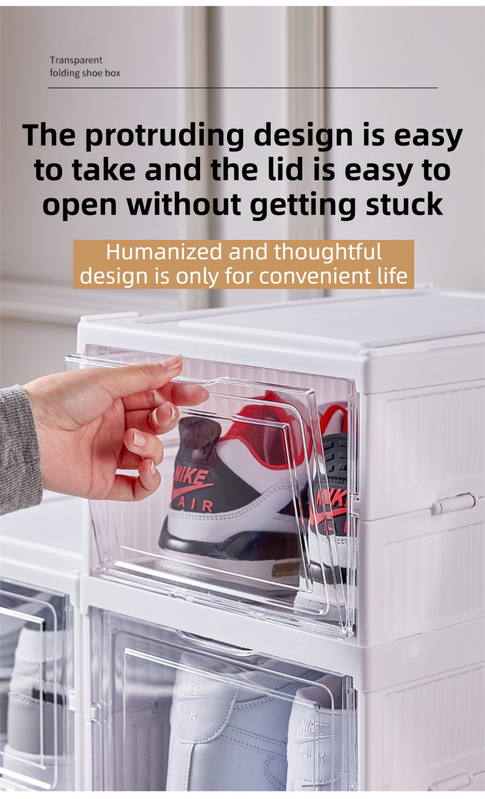 Transparent Grey 3-Layer Foldable Shoe Storage Tower with Transparent Display Panel & Back Ventilation - One-Pull Instant Setup Stackable Box (25.5x34.5x52.5CM)