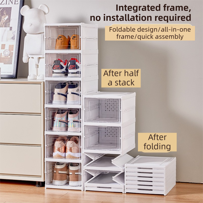 Transparent Brown 3-Layer Foldable Shoe Storage Tower with Transparent Display Panel & Back Ventilation - One-Pull Instant Setup Stackable Box (25.5x34.5x52.5CM)