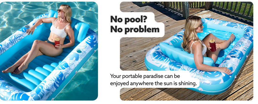 180x118CM Gold Deluxe Inflatable Suntan Tub & Floating Pool Lounger with Dual Integrated Cup Holders and Pillow - Portable Sunbathing Pool for Lawn & Water
