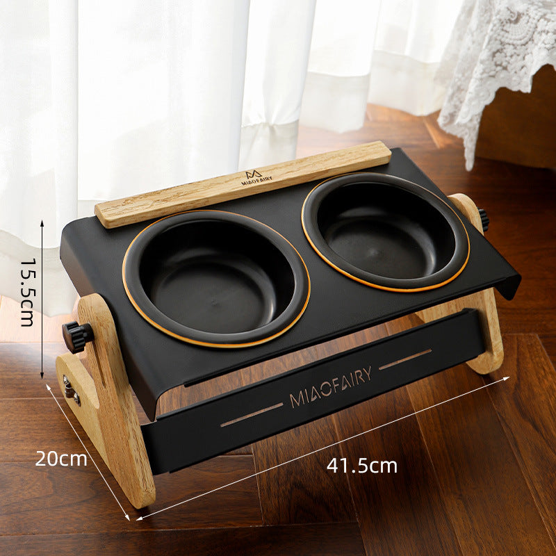 Black Elevated Adjustable (9-14CM) Double Ceramic Bowls Pet Diner - Ergonomic 270° Tilt Controlled Tip-Proof Stable Iron Base