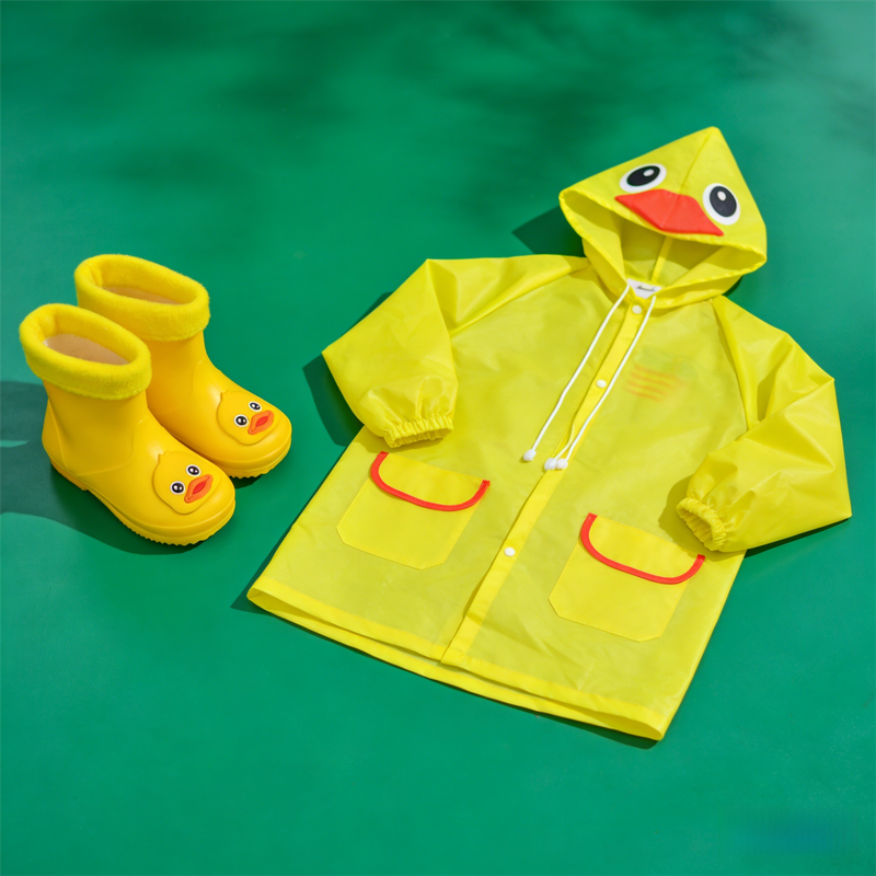 Kids Cartoon Rain Gear Set - Eco-Friendly Odorless Yellow Duck Raincoat & Matching 14cm Duck Rain Boots with Detachable Warm Cotton Liner