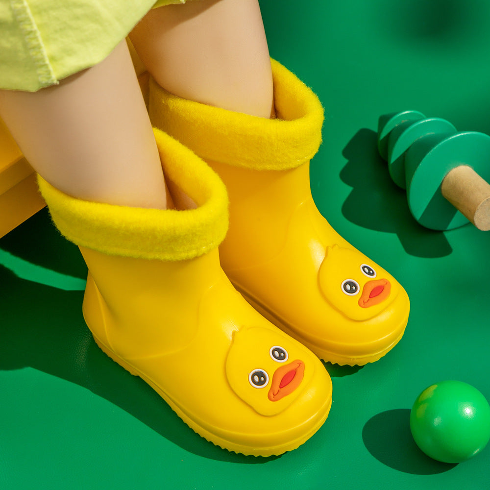 Kids Cartoon Rain Gear Set - Eco-Friendly Odorless Yellow Duck Raincoat & Matching 14cm Duck Rain Boots with Detachable Warm Cotton Liner