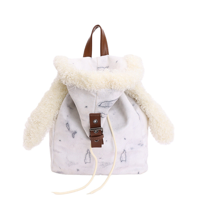 White Adorable Rabbit Ear Backpack - Kawaii Hooded Plush Rucksack for Girls, Cute Student Travel Daypack and School Bag Gift