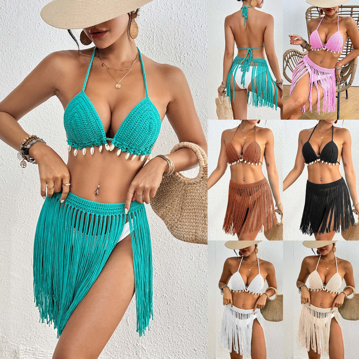 Green Women's Hand-Crocheted Two-Piece Bikini Set with Shell Accents and Tassel Skirt