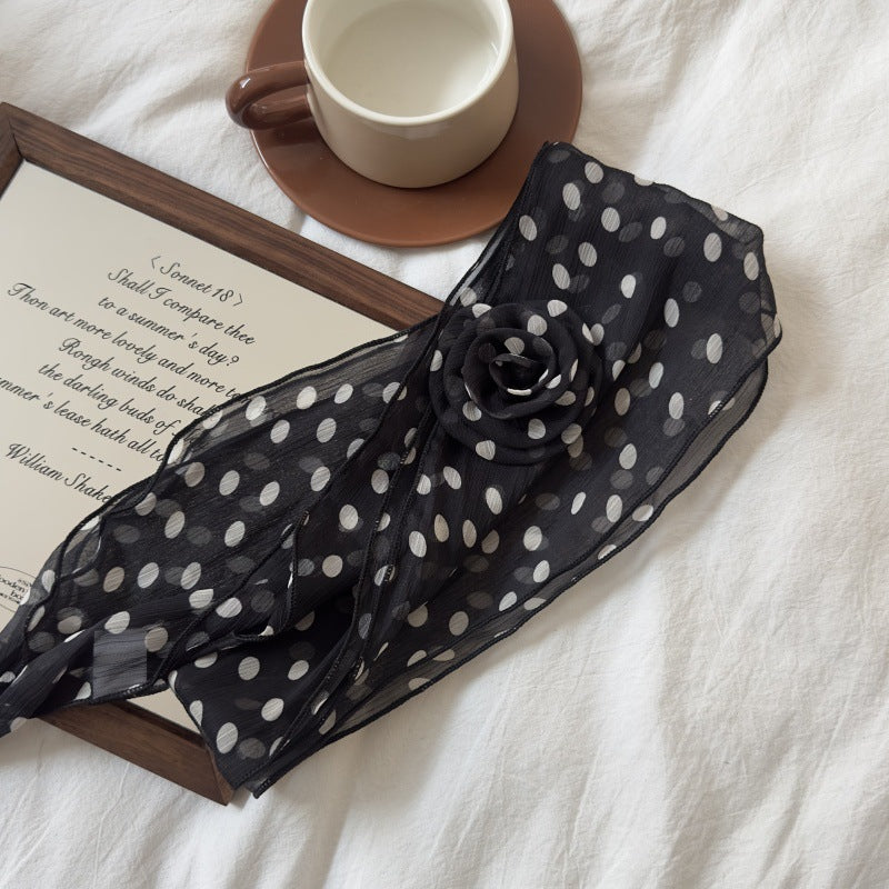 2 Pcs Black Dot Pattern Rose Flower Thin Scarf β Elegant and Versatile Neck Wrap for Women