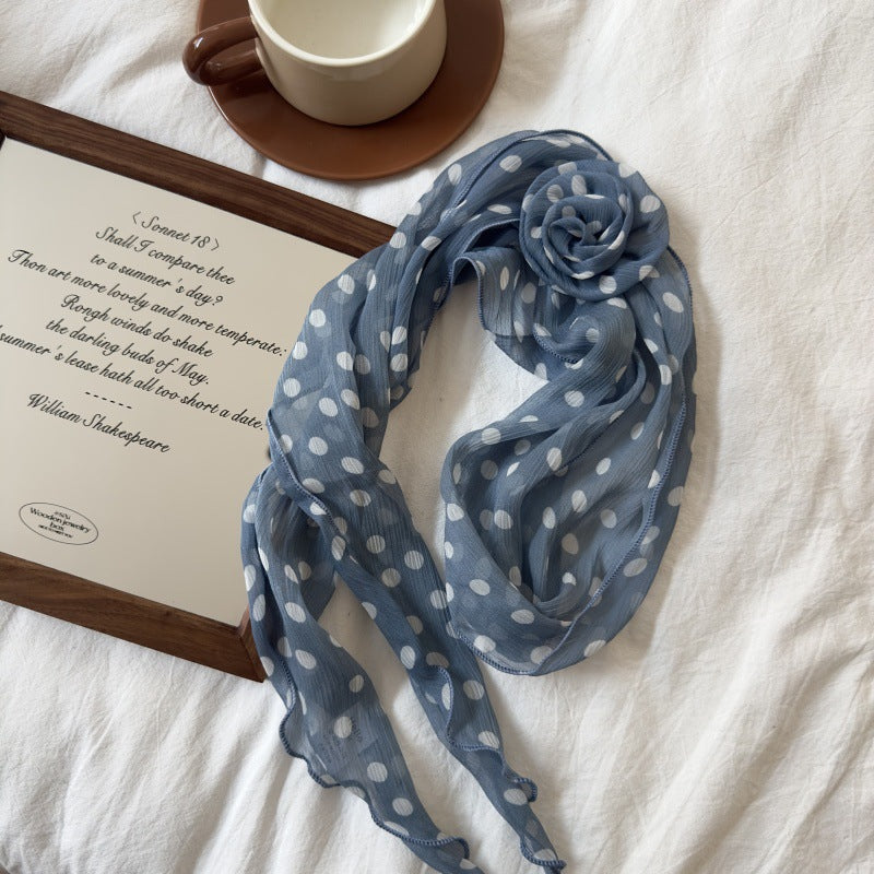 2 Pcs Blue Dot Pattern Rose Flower Thin Scarf β Elegant and Versatile Neck Wrap for Women