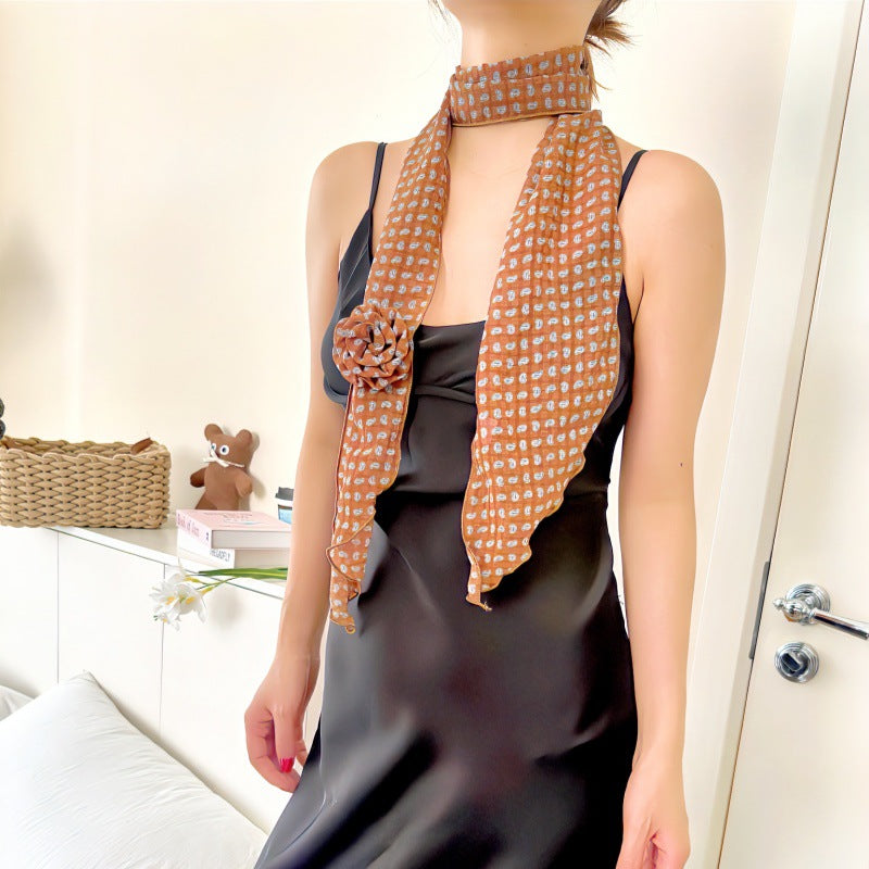 2 Pcs Blue Dot Pattern Rose Flower Thin Scarf – Elegant and Versatile Neck Wrap for Women
