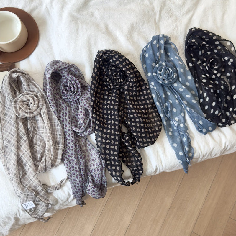 2 Pcs White Dot Pattern Rose Flower Thin Scarf – Elegant and Versatile Neck Wrap for Women