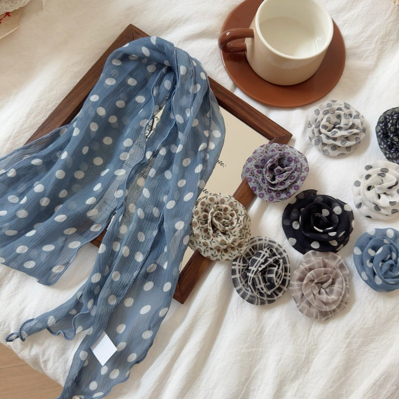 2 Pcs White Dot Pattern Rose Flower Thin Scarf – Elegant and Versatile Neck Wrap for Women