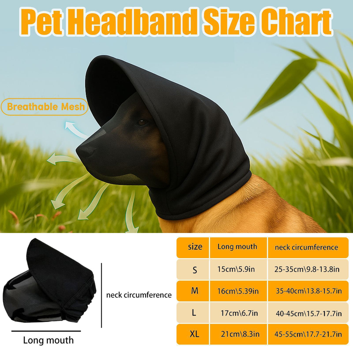 Size M Black Mesh Net Hood for Dogs – Protective Face Cover Against Insects, Debris, and Oral Ingestion