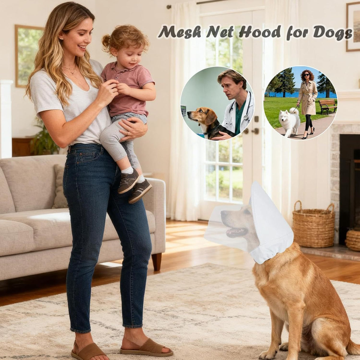 Size L White Mesh Net Hood for Dogs – Protective Face Cover Against Insects, Debris, and Oral Ingestion