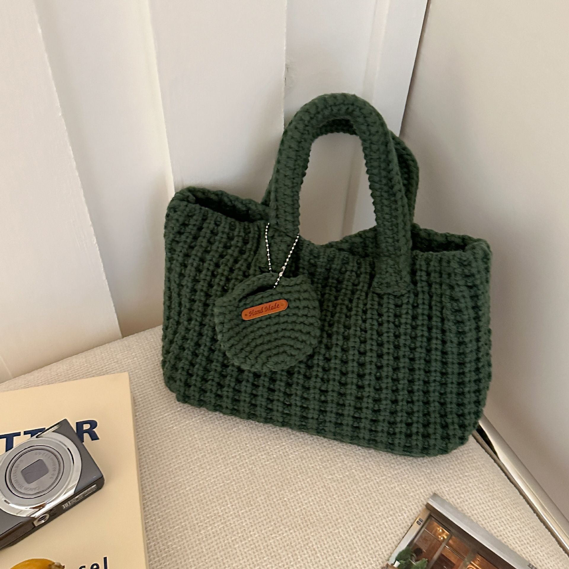 Dark Green Handcrafted Crochet Tote Bag β Vintage-Style Woven Cotton-Yarn Look Bag