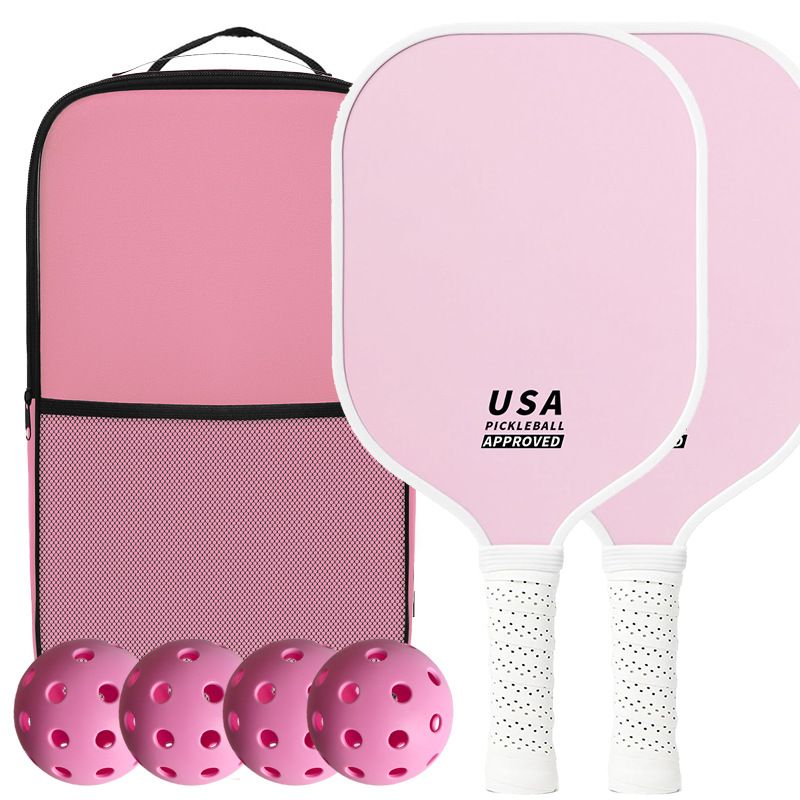Pink Fiberglass Pickleball Paddle Set - 4 Minimalist Paddles, 8 Balls, and 2 Carry Bags for Outdoor Play