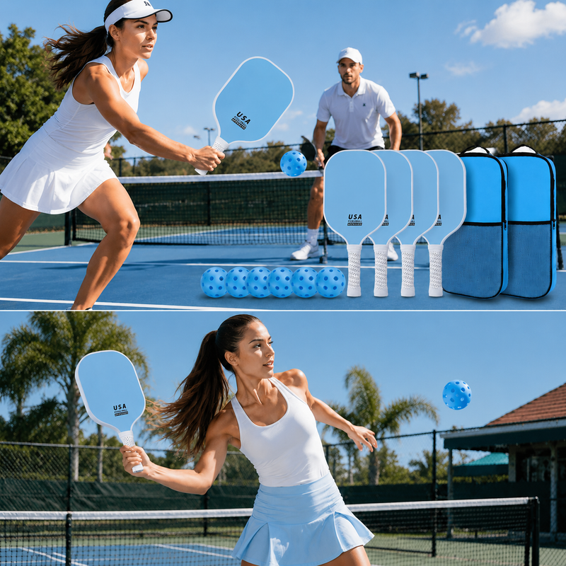 Blue Fiberglass Pickleball Paddle Set - 4 Minimalist Paddles, 8 Balls, and 2 Carry Bags for Outdoor Play