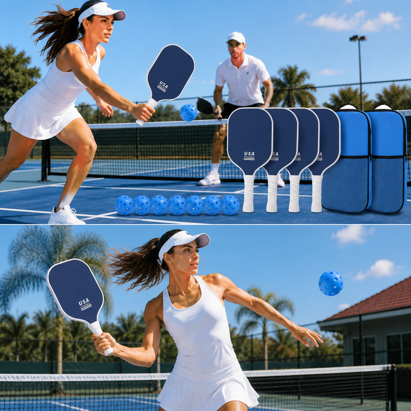 Dark Blue Fiberglass Pickleball Paddle Set - 4 Minimalist Paddles, 8 Balls, and 2 Carry Bags for Outdoor Play