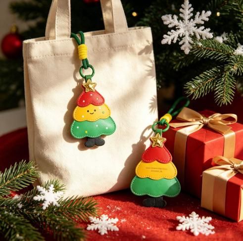 4-piece set Christmas theme Shaped PU Leather Keychains – Cute Holiday Bag Ornaments and Car Decorations