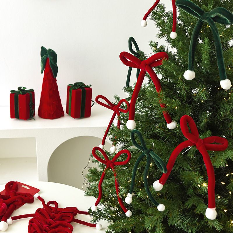 Christmas Tree Bow Ornaments 6 Pack - Red Velvet Ribbon Hanging Decorations with White Pom Poms, Bendable Wire Festive Garland for Xmas Tree, Wreath & Holiday Home Decor
