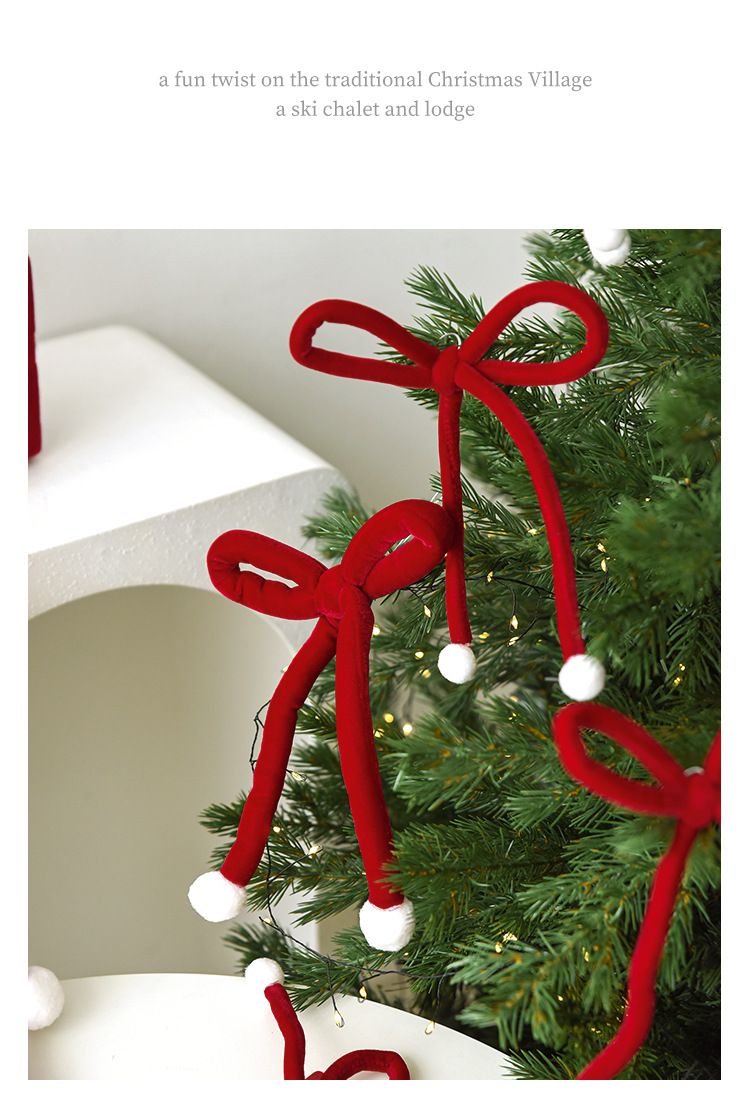 Christmas Tree Bow Ornaments 6 Pack - Red Velvet Ribbon Hanging Decorations with White Pom Poms, Bendable Wire Festive Garland for Xmas Tree, Wreath & Holiday Home Decor
