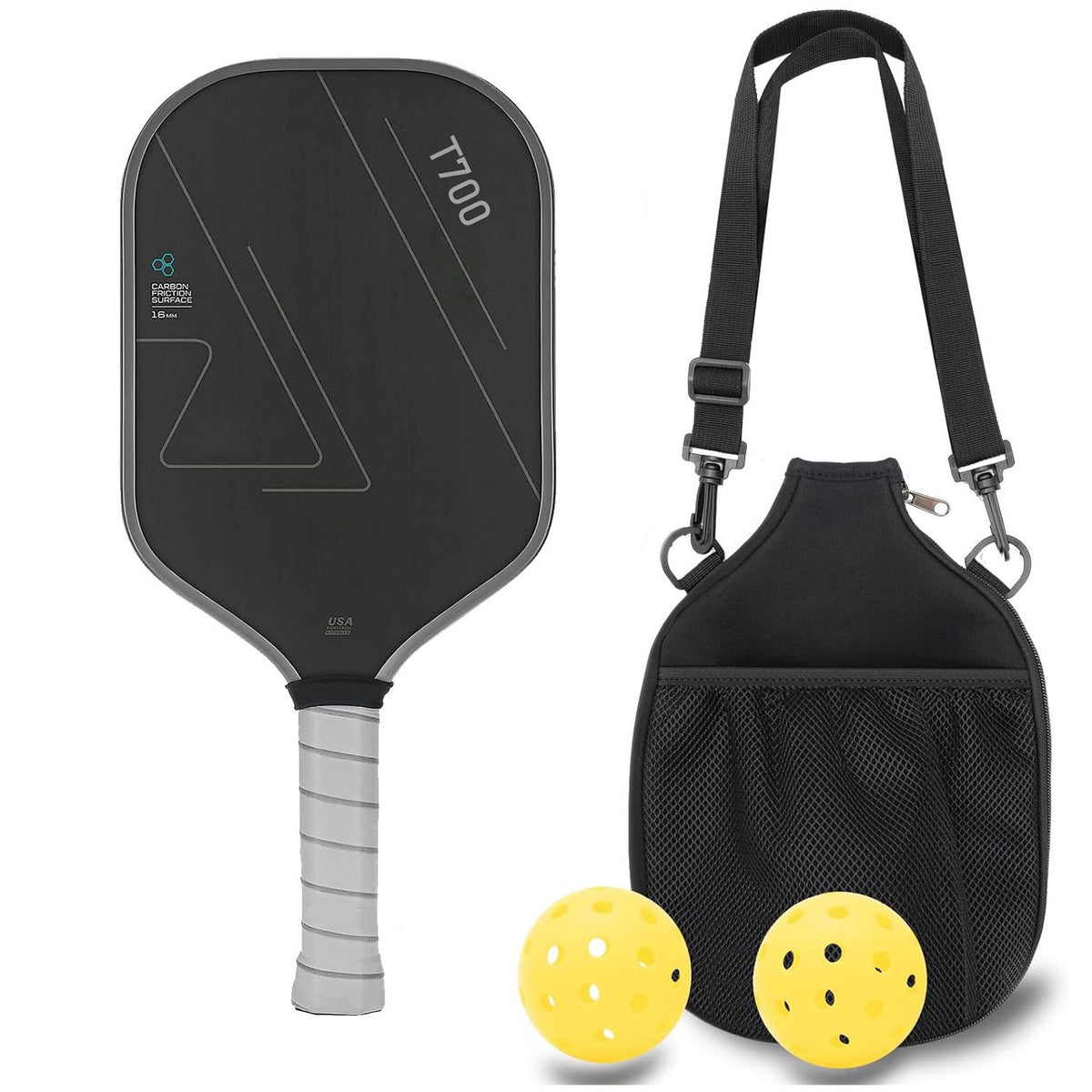 Grey T700 Carbon Fiber Pickleball Paddle Set – Lightweight Paddle with Carry Bag & 2 Balls