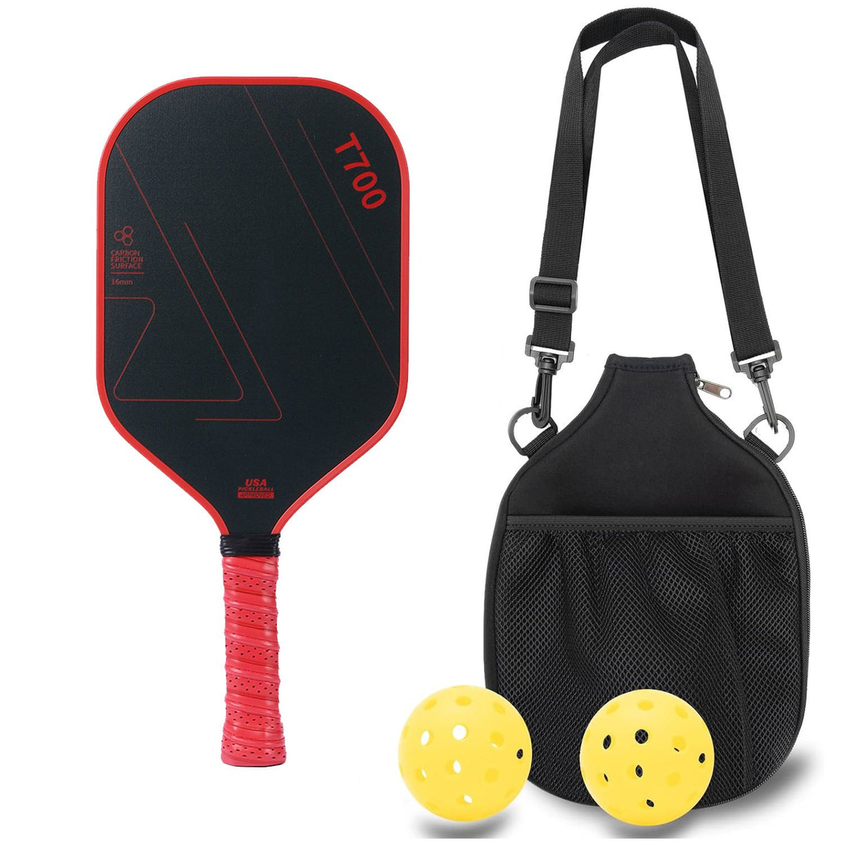 Red and Black T700 Carbon Fiber Pickleball Paddle Set – Lightweight Paddle with Carry Bag & 2 Balls