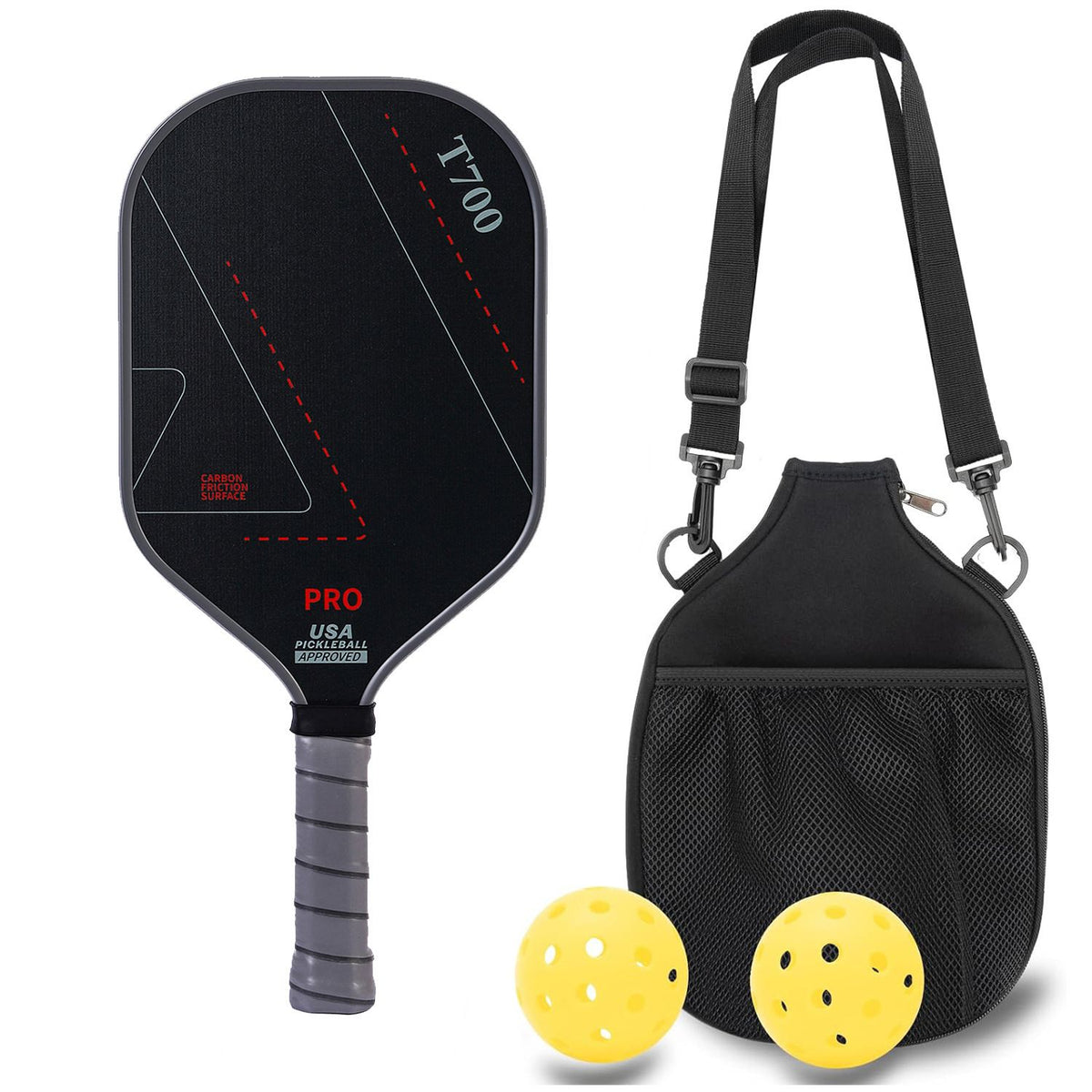 Grey and Black T700 Carbon Fiber Pickleball Paddle Set – Lightweight Paddle with Carry Bag & 2 Balls