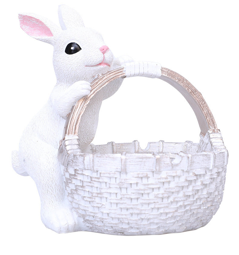 White Easter Rabbit Resin Decor with Basket – Festive Home Ornament for Spring and Holiday Display