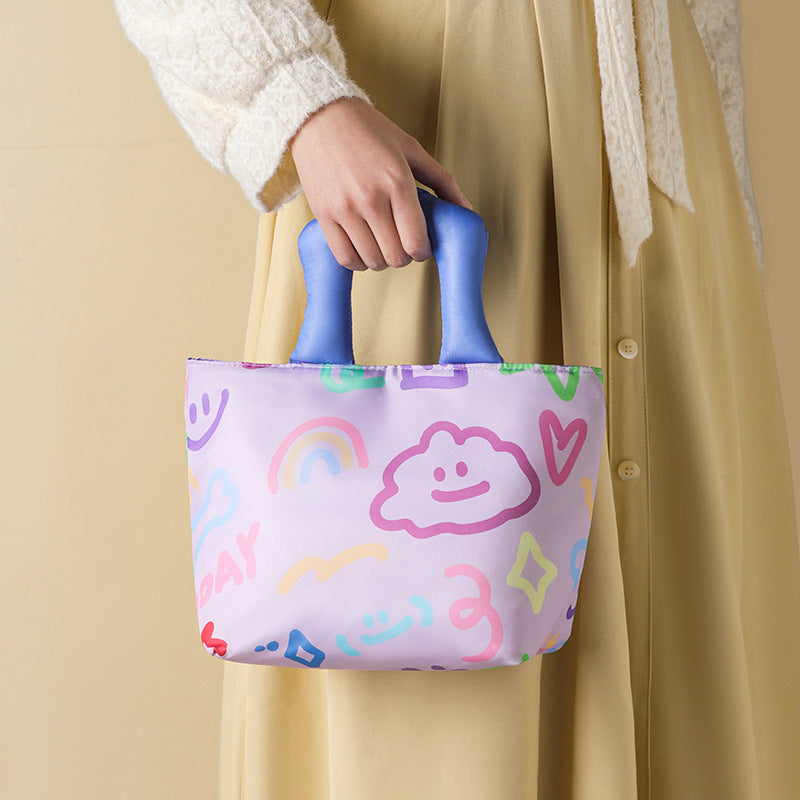 Blue and pink handbag Insulated Lunch Bag – Multi-Color Printed Tote with Padded Handle for Students & Office Workers