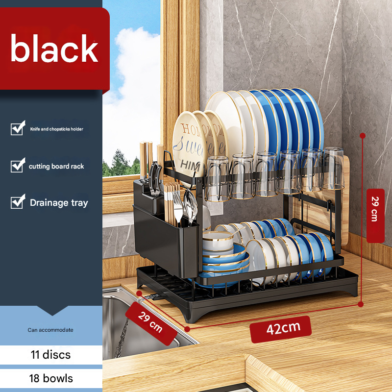 Black Foldable Dish Rack with Drain Tray, Knife & Chopstick Holder, Cup Rack, and Cutting Board Support โ 42cm x 29cm x 29cm, Easy-Install Kitchen Storage Organizer for Plates, Bowls, Glasses, and Utensils