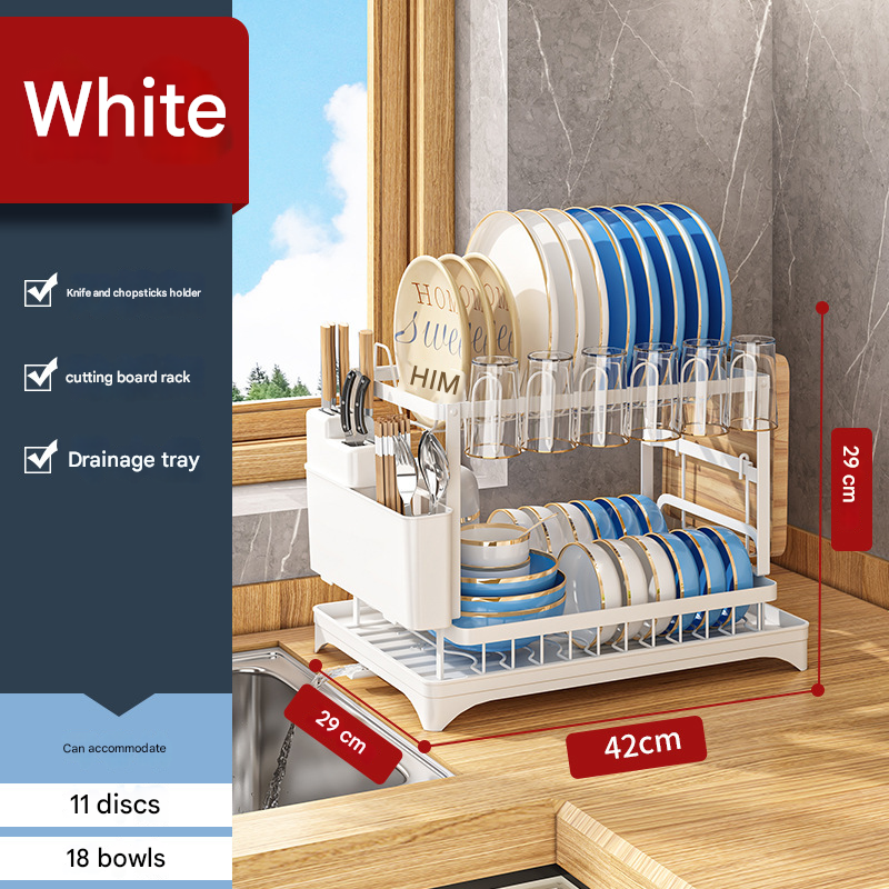 White Foldable Dish Rack with Drain Tray, Knife & Chopstick Holder, Cup Rack, and Cutting Board Support โ 42cm x 29cm x 29cm, Easy-Install Kitchen Storage Organizer for Plates, Bowls, Glasses, and Utensils