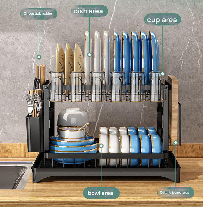 White Foldable Dish Rack with Drain Tray, Knife & Chopstick Holder, Cup Rack, and Cutting Board Support โ 42cm x 29cm x 29cm, Easy-Install Kitchen Storage Organizer for Plates, Bowls, Glasses, and Utensils