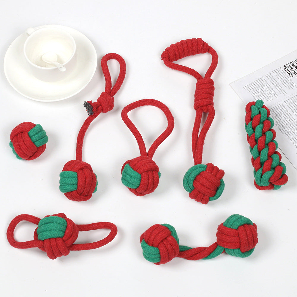 7-Piece Red and Green Durable Cotton Rope Dog Toy Set - Washable Knotted Ball & Tug Toys for Aggressive Chewers, Interactive Teeth Cleaning Pet Toy for Small to Medium Dogs & Cats