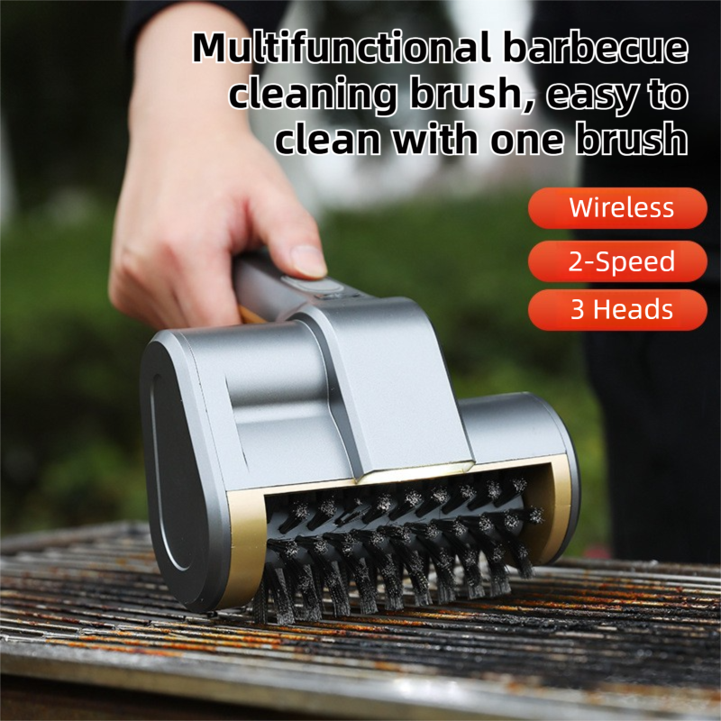3-in-1 Black Cordless Electric Grill Cleaner Built-in LED & USB Charging - Waterproof High Power BBQ Cleaning Brush with 2-Speed Setting