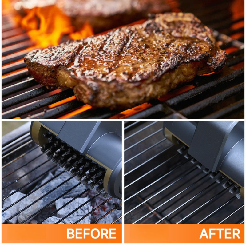3-in-1 Black Cordless Electric Grill Cleaner Built-in LED & USB Charging - Waterproof High Power BBQ Cleaning Brush with 2-Speed Setting