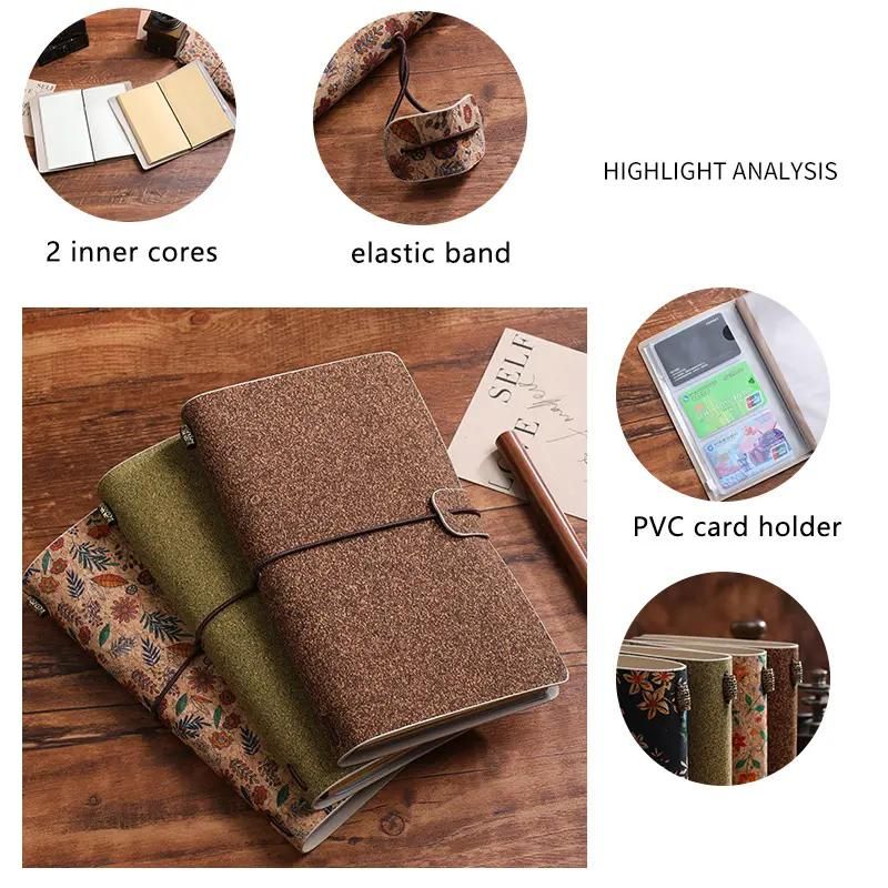 Cornflower Retro A6 Travelers Leather Notebook & Wooden Pen Gift Box - Floral Botanical Loose-Leaf Journal with Bronze Charm, Kraft Paper and Lined Paper
