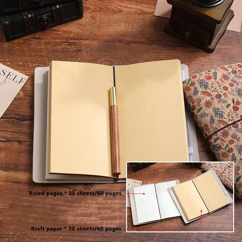 Cornflower Retro A6 Travelers Leather Notebook & Wooden Pen Gift Box - Floral Botanical Loose-Leaf Journal with Bronze Charm, Kraft Paper and Lined Paper