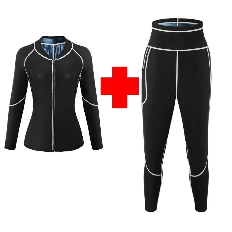 M Size Black and Blue Women's Workout Sauna Sweat Suit Set: Long Sleeve & Leggings - High Elasticity Compression Shapewear for Weight Loss & Yoga