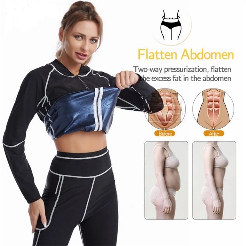 L Size Black and Blue Women's Workout Sauna Sweat Suit Set: Long Sleeve & Leggings - High Elasticity Compression Shapewear for Weight Loss & Yoga