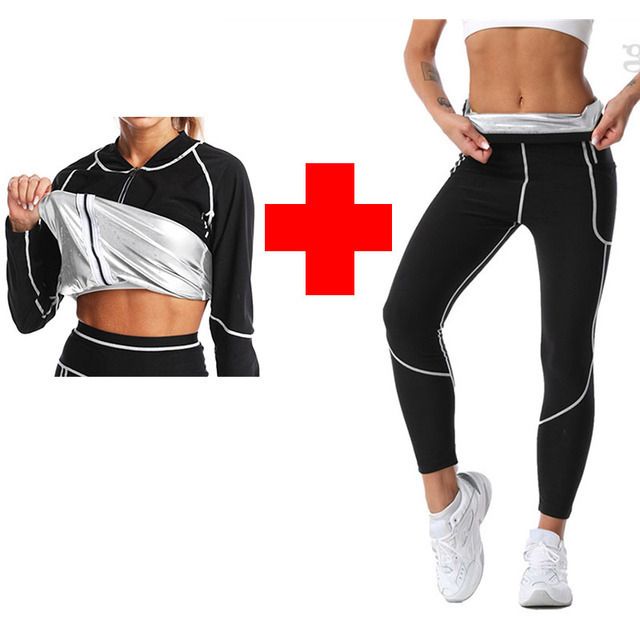 XL Size Black and Silver Women's Workout Sauna Sweat Suit Set: Long Sleeve & Leggings - High Elasticity Compression Shapewear for Weight Loss & Yoga