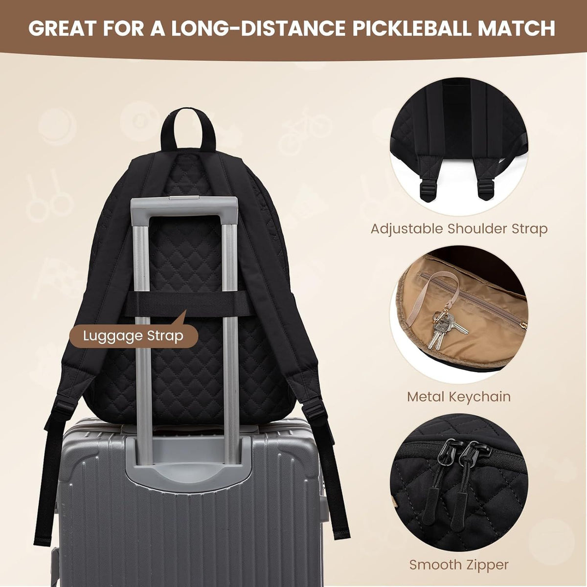 Black Large Tennis & Pickleball Quilted Backpack and Sports Travel Tote for Men and Women - Racket Compartment, 2 Side Pockets & Multi-Pocket Organization (32x17x44.5 CM)