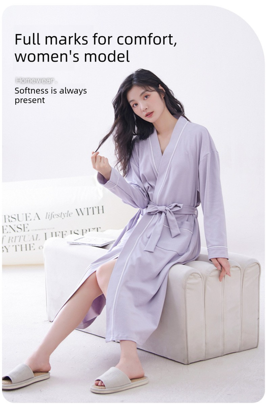 Purple XL size Women's Cotton Robe — Autumn/Winter Bathrobe & Morning Gown | Long Sleeve, Mid-Length, Plus Size | Loose, Comfortable, and Machine Washable | Suitable for All Seasons