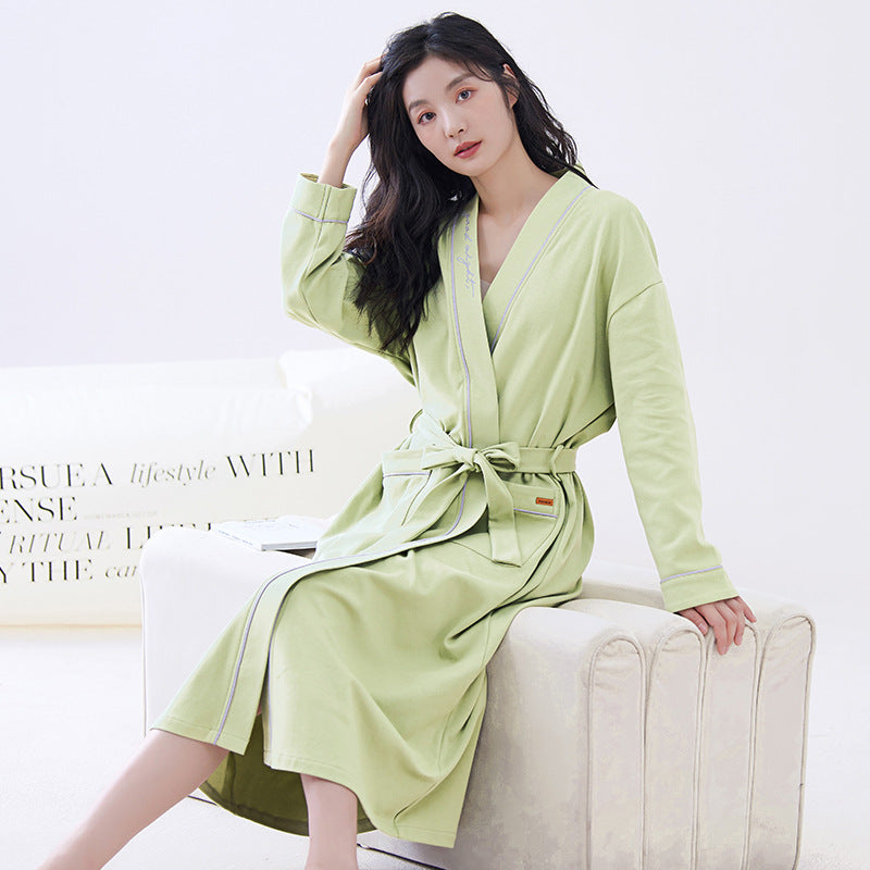 Green 2XL size Women's Cotton Robe β Autumn/Winter Bathrobe & Morning Gown | Long Sleeve, Mid-Length, Plus Size | Loose, Comfortable, and Machine Washable | Suitable for All Seasons
