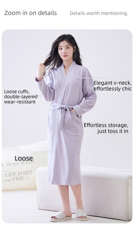 Beige M size Women's Cotton Robe — Autumn/Winter Bathrobe & Morning Gown | Long Sleeve, Mid-Length, Plus Size | Loose, Comfortable, and Machine Washable | Suitable for All Seasons