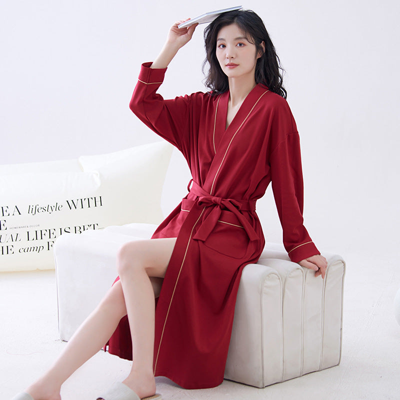 Red XL size Women's Cotton Robe β Autumn/Winter Bathrobe & Morning Gown | Long Sleeve, Mid-Length, Plus Size | Loose, Comfortable, and Machine Washable | Suitable for All Seasons