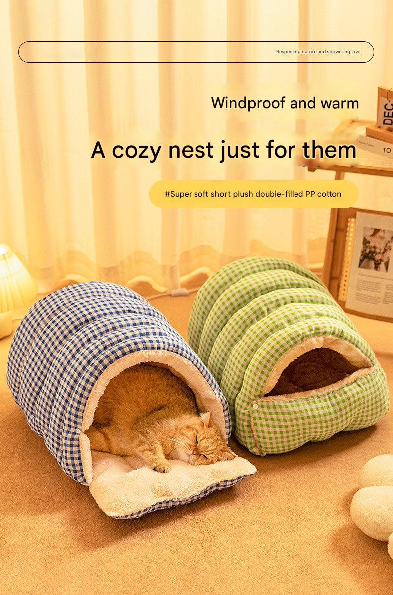 M size Pink Plaid Cat Cave Bed Winter Warm Enclosed Pet House Cozy Cat Sleeping Bag Semi-Enclosed Cat Nest Small Dog Bed PP Cotton Filling Washable Pet Supplies