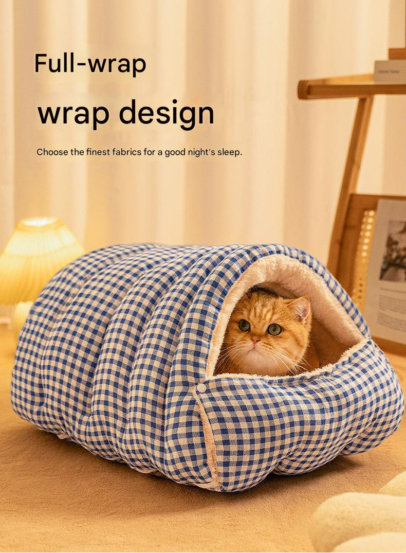 S size Yellow Plaid Cat Cave Bed Winter Warm Enclosed Pet House Cozy Cat Sleeping Bag Semi-Enclosed Cat Nest Small Dog Bed PP Cotton Filling Washable Pet Supplies
