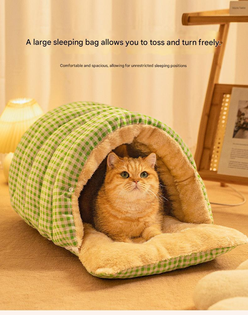 S size Yellow Plaid Cat Cave Bed Winter Warm Enclosed Pet House Cozy Cat Sleeping Bag Semi-Enclosed Cat Nest Small Dog Bed PP Cotton Filling Washable Pet Supplies