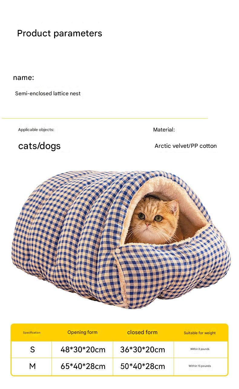 S size Yellow Plaid Cat Cave Bed Winter Warm Enclosed Pet House Cozy Cat Sleeping Bag Semi-Enclosed Cat Nest Small Dog Bed PP Cotton Filling Washable Pet Supplies