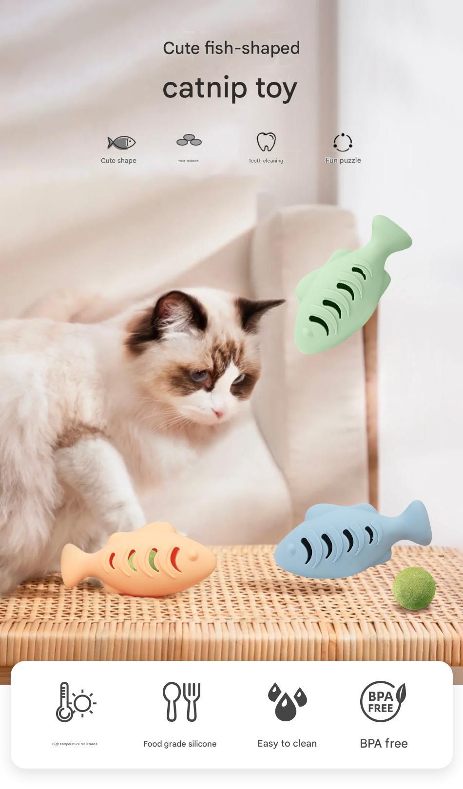 2-piece Blue Fish-Shaped Silicone Cat Toy and Catnipβ 3-in-1 Interactive & Self-Entertaining Toy with Catnip/Cat food, Dental Care & Hairball Relief β BPA-Free, Food-Grade Safety
